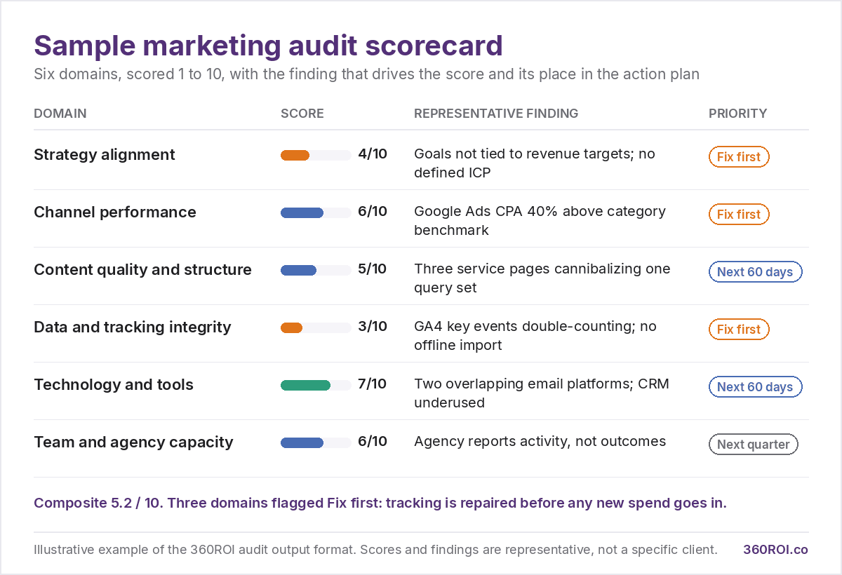 Sample marketing audit scorecard showing six domains scored one to ten with a representative finding and priority for each